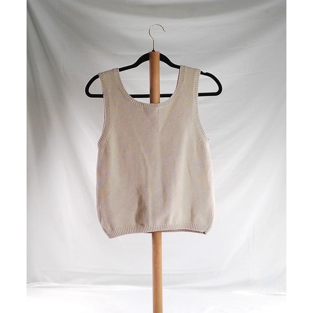 Vintage Jeanne Pierre Cotton Knit Sweater Tank Top Beige Cropped Sleeveless - Picture 2 of 5